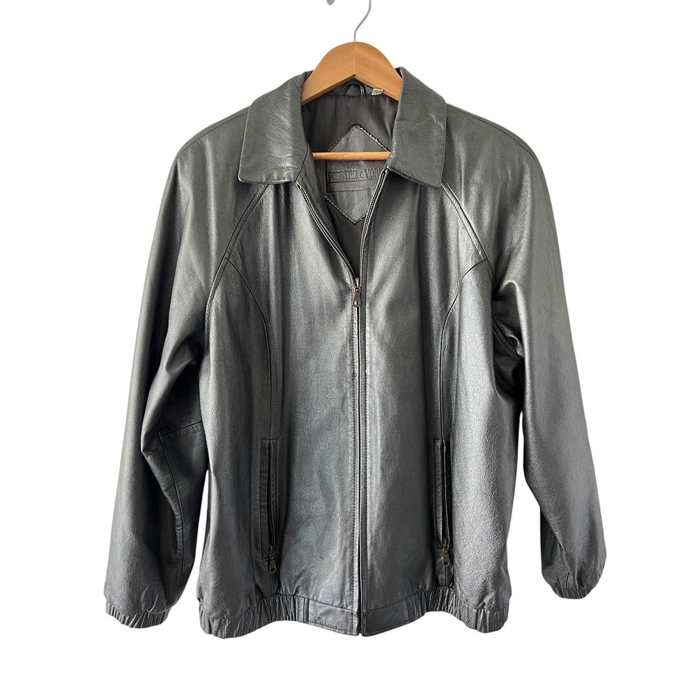 Preston & York Y2K Metallic Pewter Genuine Leather Jacket Womens Moto Grunge